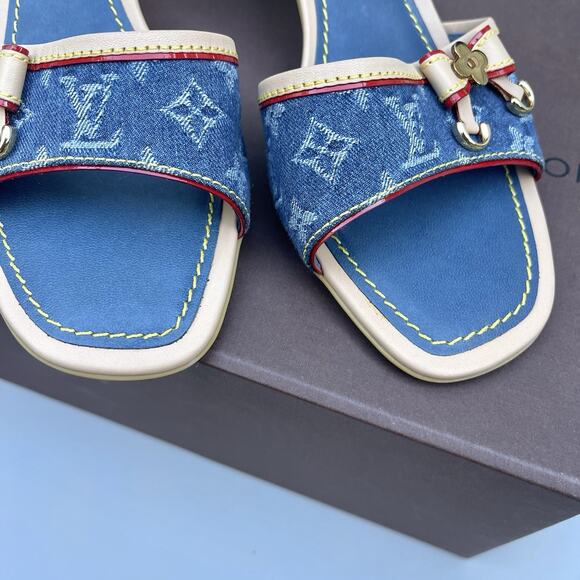 Louis Vuitton Blue Monogram Denim Kitten Heels Mules Slides Size EU 36 - Picture 8 of 11